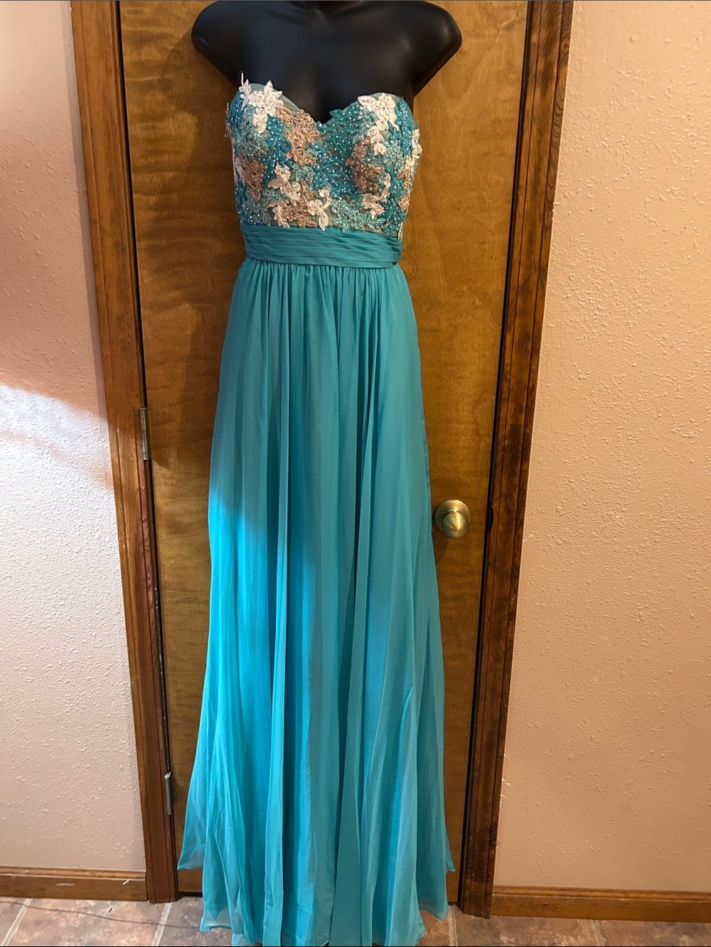 La Femme Teal Strapless Beaded Appliqué Gown